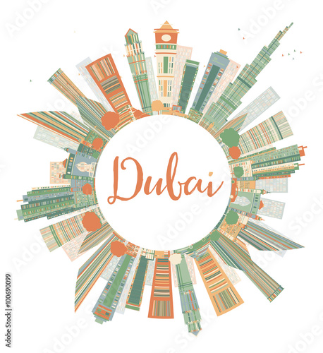 Abstract Dubai City Skyline with Color Skyscrapers and Copy Space. Some elements have transparency mode different from normal.