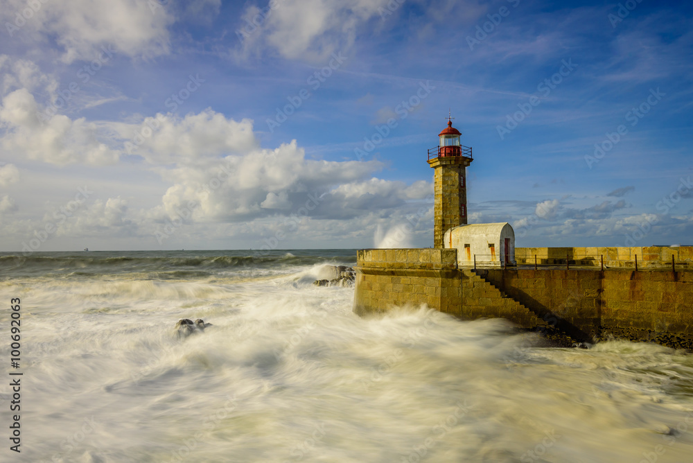Lighthouse on the Atlantic ocean, Porto, Portugal.