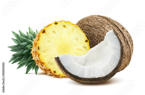 Pineapple coconut pieces composition 1 isolated on white backgro