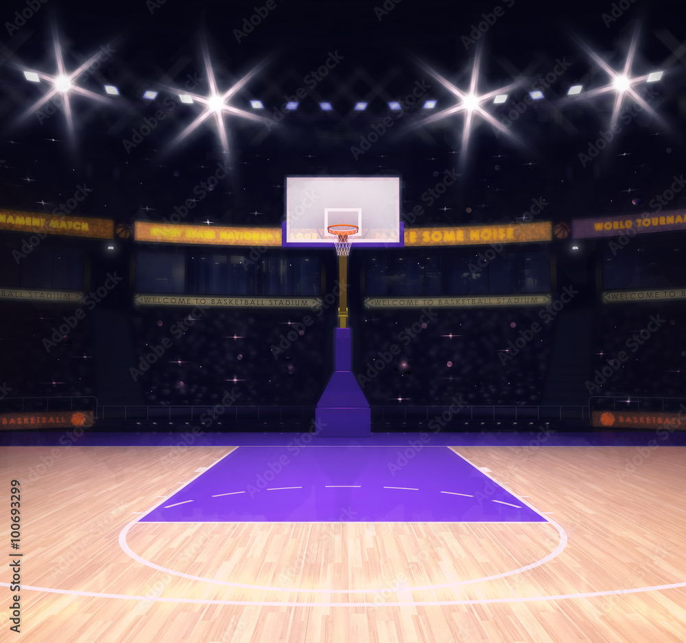 empty basketball court with spectators and spotlights Stock