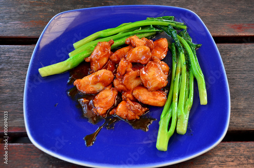 Chicken and choy fry with sweet red sauce