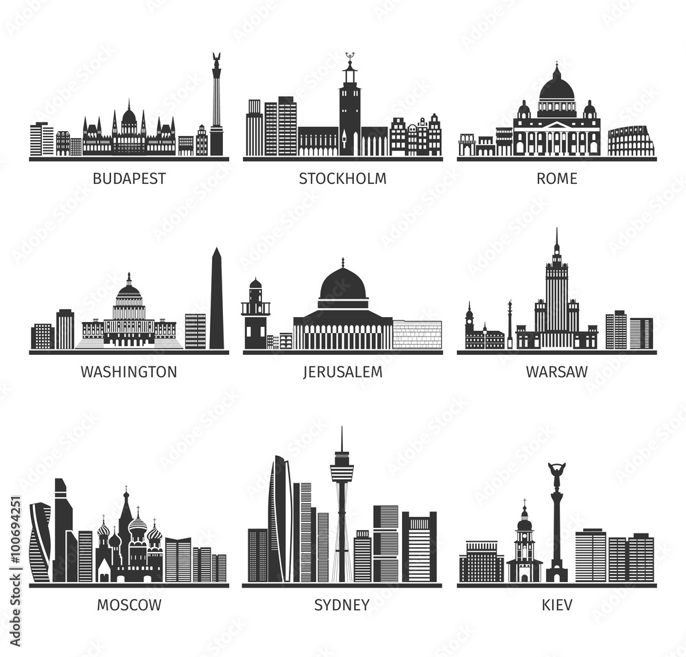 World Famous Cityscapes Black Icons Set