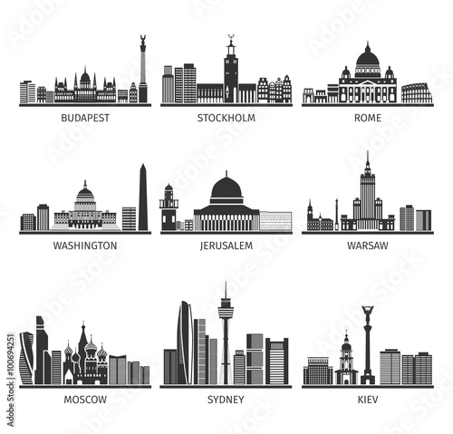 World Famous Cityscapes Black Icons Set