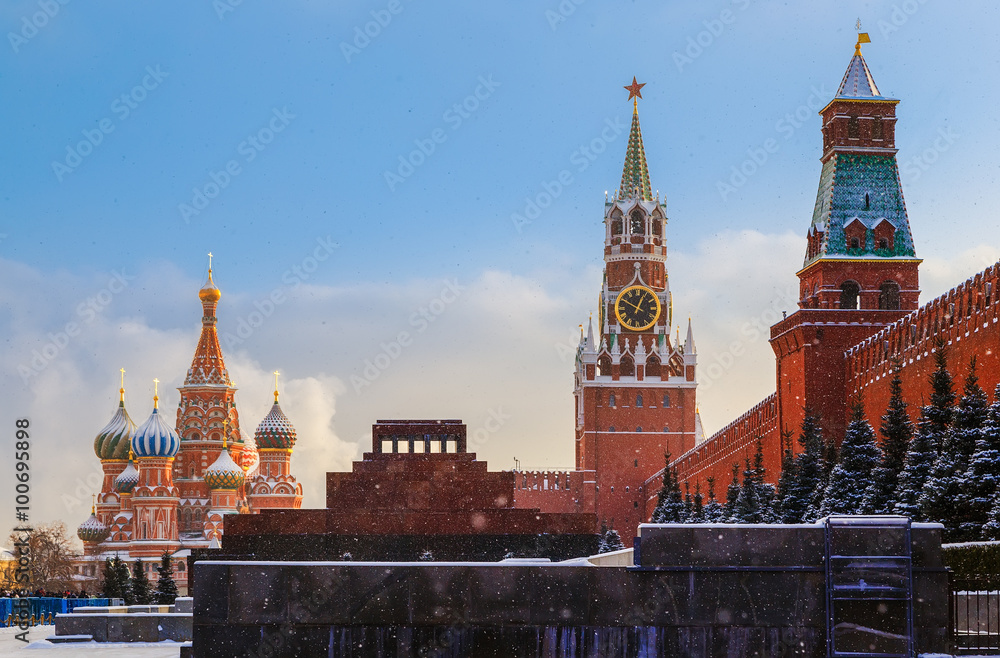 Kremlin wall Spasskaya Tower Mausoleum Red Square sunset winter