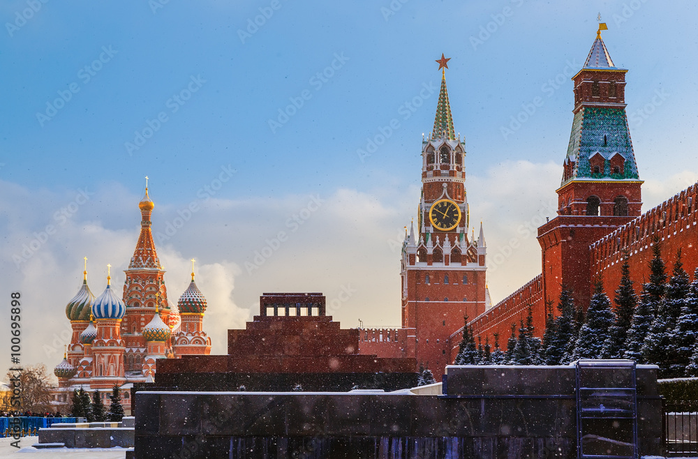 Kremlin wall Spasskaya Tower Mausoleum Red Square sunset winter Kremlin wall Spasskaya Tower Mausoleum Red Square sunset winter