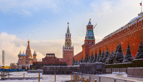 Kremlin wall Spasskaya Tower Mausoleum Red Square sunset winter