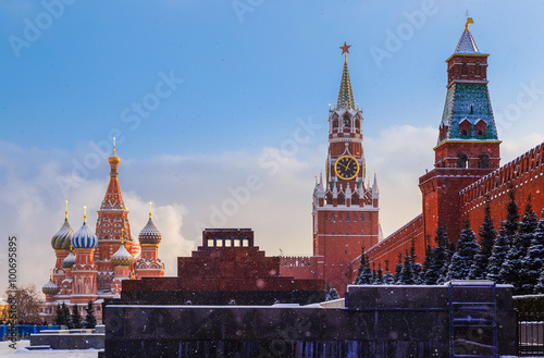 Kremlin wall Spasskaya Tower Mausoleum Red Square sunset winter