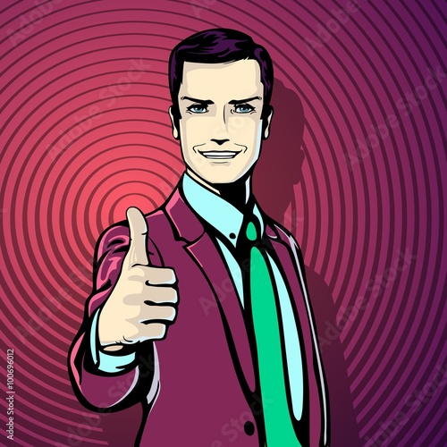 Vector illustration of successful businessman gives thumb up in vintage pop art comics retro style. Likes and positive feel. Gesture good and excellent, agree and smile. 