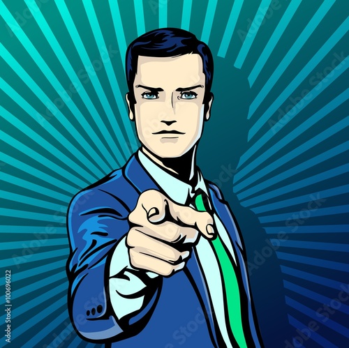 Vector illustration of successful businessman pointing finger in vintage pop art comics retro style. Likes and positive feel. Gesture good, agree and smile.