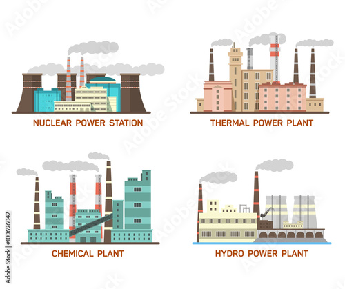 Set of vector industrial flat illustration of different types of power plants. Conception of making energy and pollution of the environment. Nuclear, thermal, hydro, chemical energy.