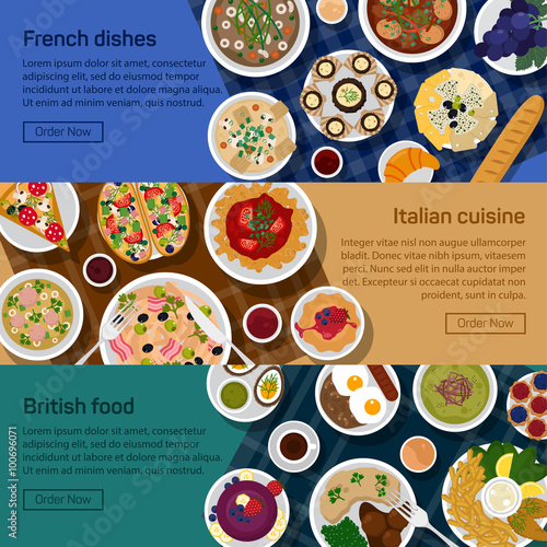 Vector flat illustration banners of british, italian, french national dishes. Egg, bread, croissant, fried potato, haute, nouvelle, bisque, sauce, grape, lemon, pizza, sausage, roasted beef.