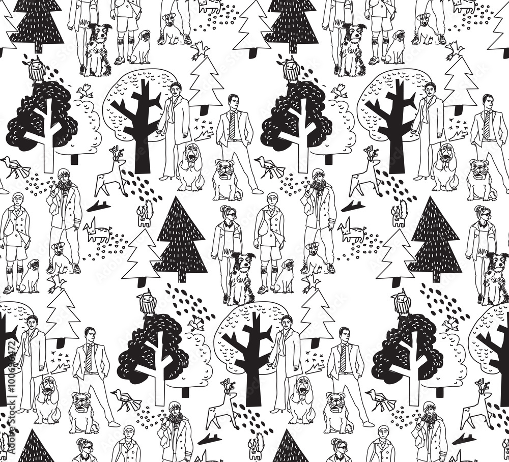 Fototapeta premium People and pets walking in park seamless pattern