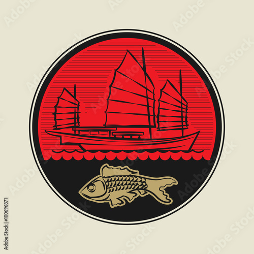 Abstract stamp or emblem with Chinese style boat and Fish