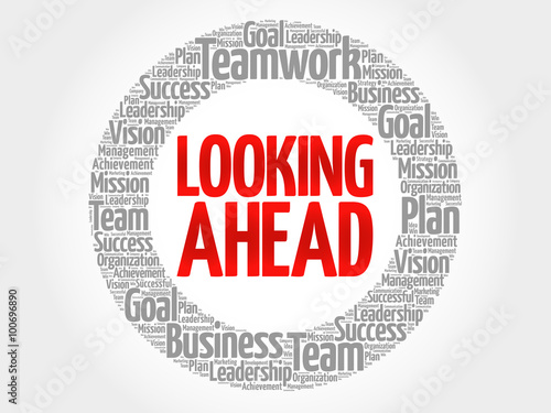 Looking Ahead circle stamp word cloud, business concept