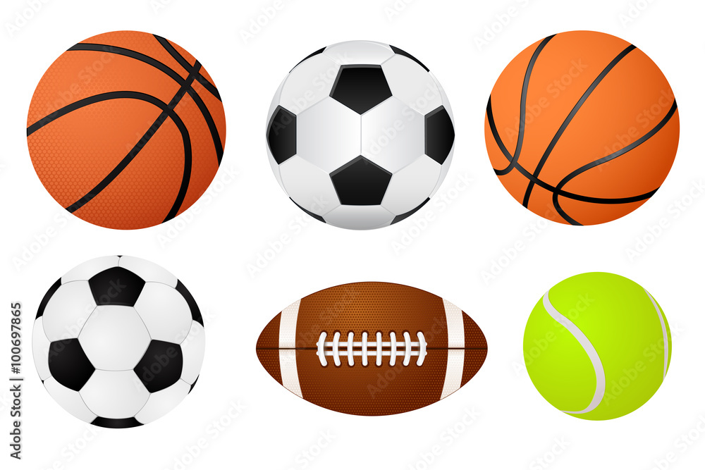 Basketball ball, soccer ball, tennis ball and american football. Basketball ball, soccer ball, tennis ball and american football.