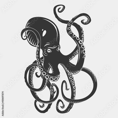 Black danger cartoon octopus characters with curling tentacles swimming underwater, isolated on white. Tattoo or pattern on a t-shirt, poster or logo, vector illustration