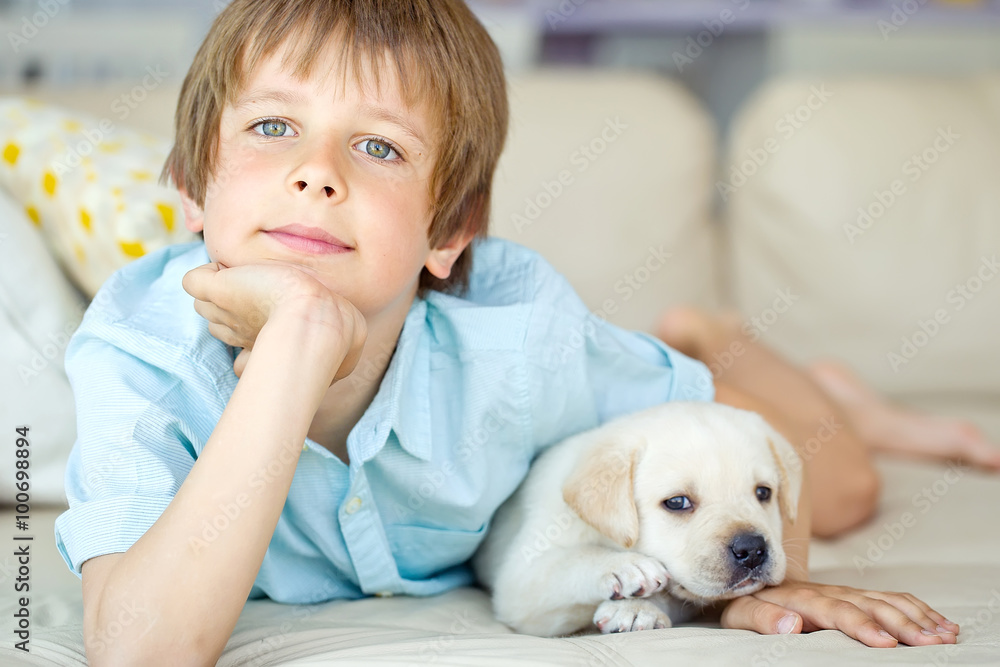 stylish little kid with a puppy stylish little kid with a puppy