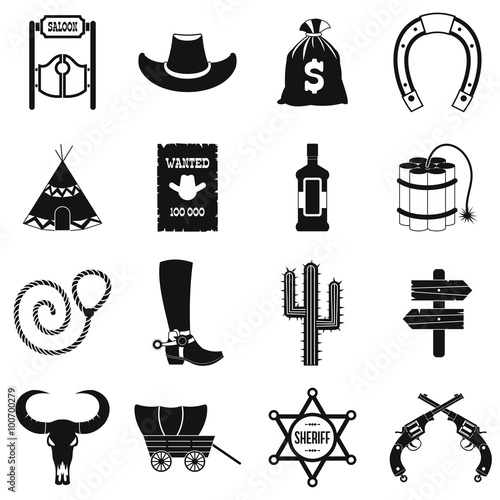 Wild west cowboy black simple icons 