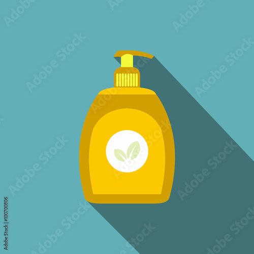 Yellow plastic bottle with liquid soap flat icon