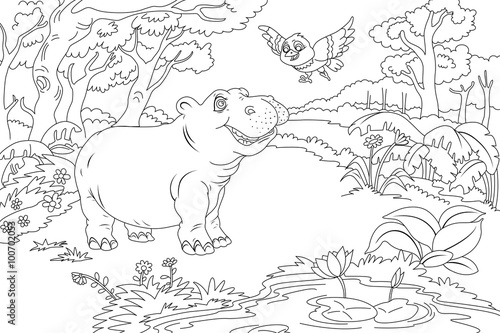 Line Art / Coloring Book Illustration for Children: Hippo and Bird. Realistic Fantastic Cartoon Style Artwork Scene, Wallpaper, Story Background, Card Design