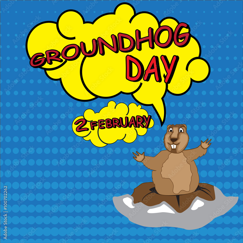 Fototapeta premium Cards for Groundhog Day. Congratulations to the end of winter and beginning of spring. Vector illustration. Blue background.