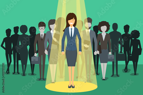 Businesswoman in spotlight. Picking the right candidate professional concept background. Leadership standing boss, executive profession, vector illustration