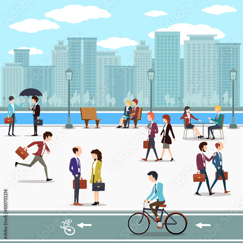 Business people walking on the street and skyline skyscrapers background. Building urban city, skyline and downtown, vector illustration