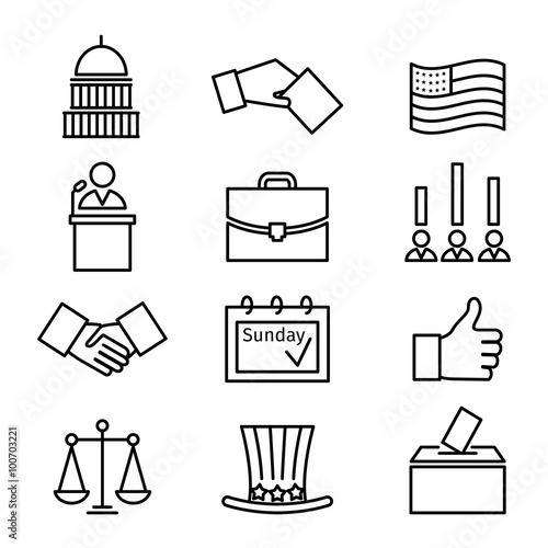 Voting and elections linear icons. Government political, ballot politics, candidate speech, vector illustration