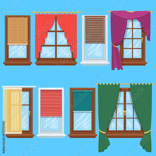 Window curtains and blinds set. Jalousie for house or creative home interior, vector illustration