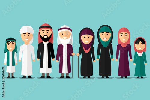 Arab family. Flat muslim characters. People traditional islam culture, man and woman, vector illustration