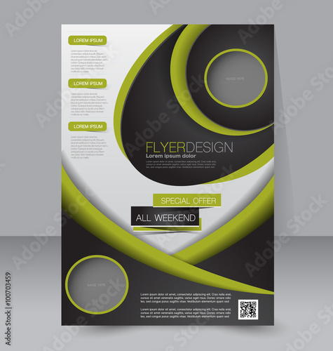 Brochure template. Business flyer. Editable A4 poster for design, education, presentation, website, magazine cover.  Green and black color.