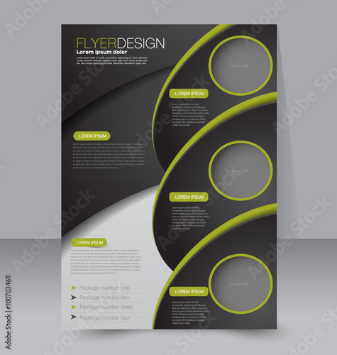 Brochure template. Business flyer. Editable A4 poster for design, education, presentation, website, magazine cover.  Green and black color.