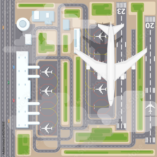 Airport landing strips top view. Aircraft and airplane, arrival, transport airline. Airport landing vector illustration