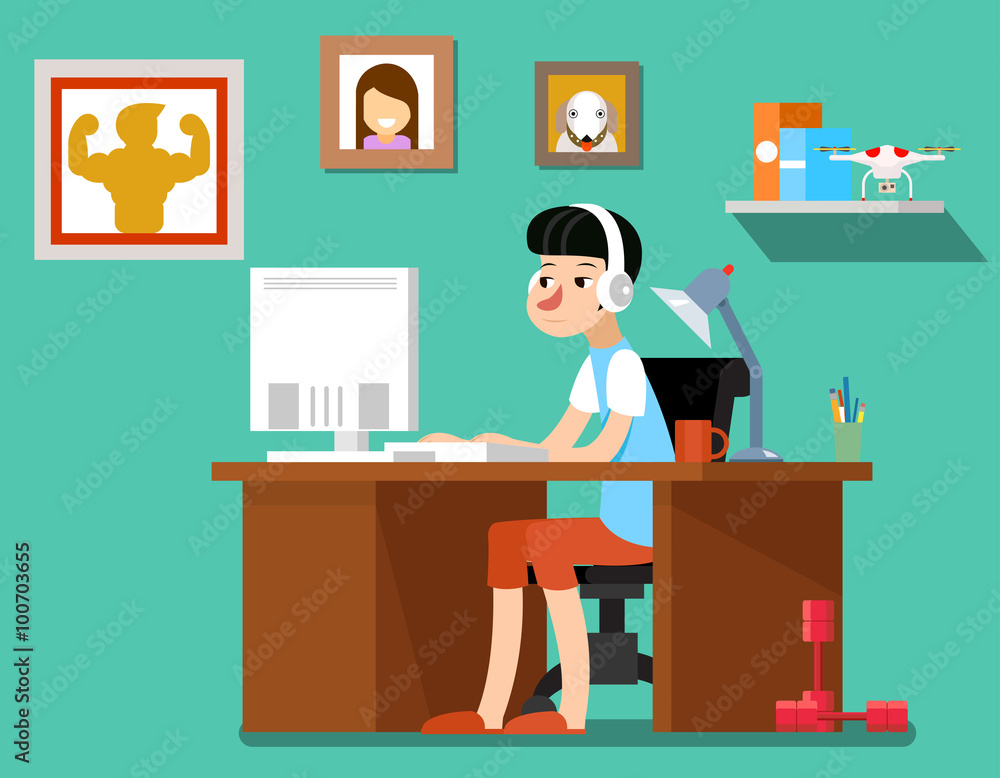 Fototapeta premium Freelancer at work, creative freelancer designer with computer, web technology, workplace employee. Freelancer vector illustration