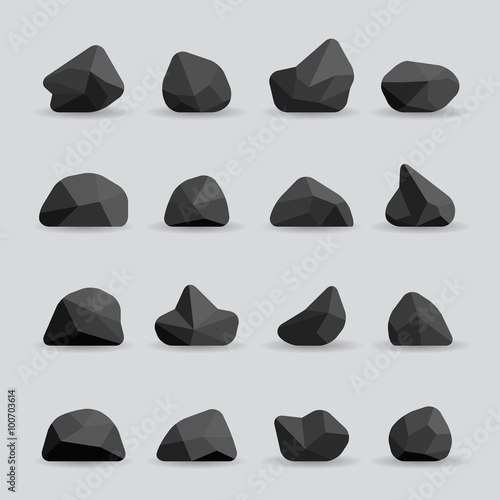 Black stones in flat style. Rock graphite coal or polygonal element. Polygonal black stones or poly rocks vector illustration