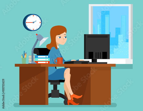 Woman working in office at the desk with computer.  Professional workplace. Business woman on workplace vector illustration in flat style