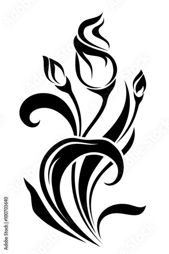 Fototapeta Naklejka Na Ścianę i Meble -  Vector black silhouette of flower ornament isolated on a white background.