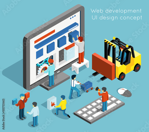 Web development and UI design concept in flat 3d isometric style. Technology website and computer interface design. Web UI development vector illustration