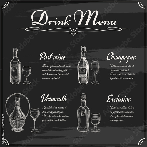 Drink menu elements on chalkboard. Restaurant blackboard for drawing. Hand drawn chalkboard menu vector illustration