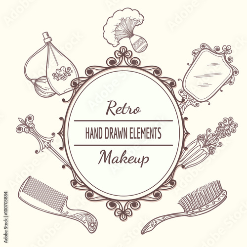 Vintage beauty frame with hairbrush and mirror, perfume and hairpin. Fashion vintage beauty frame vector illustration