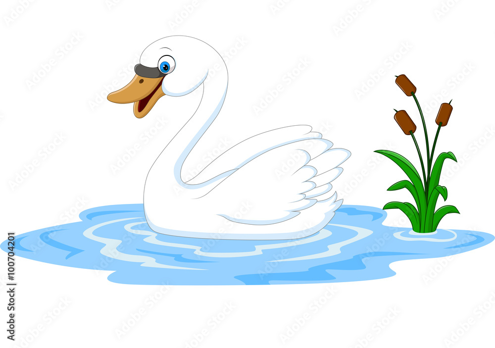 Naklejka premium Cartoon beauty swan floats on water