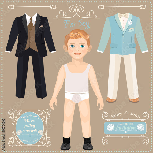 Paper doll with a set of clothes. Wedding dresses for the bride.