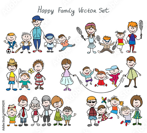 Doodle happy family sketch. Father and mother, kid boy and girl. Hand drawn happy family sketch vector illustration