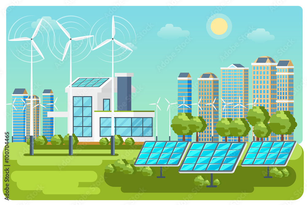 Green energy urban landscape vector. Ecology nature, eco house building. Green energy eco city vector landscape illustration