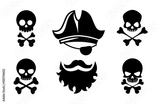 Pirate head vector icons with skull and crossed bones. Hat and bone, beard silhouette and mustache tattoo. Pirate icons with skull and crossed bones vector illustration