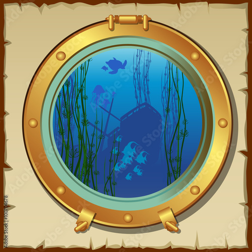 Submarines porthole with view of the underwater landscape and sunken ship