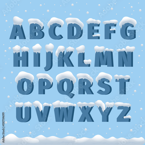Winter vector alphabet with snow. Letter abc, ice cold font, season frost font, typography or typeset. Winter alphabet vector illustration
