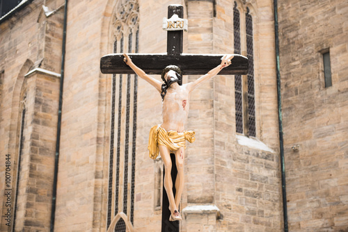 Wintertime view of the crucifix in Front of the Erfurt cathedral.