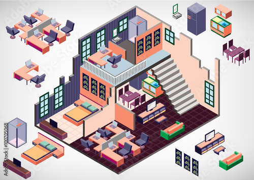 illustration of info graphic interior room concept in isometric graphic