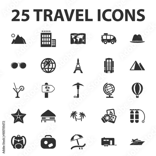 Travel, vacation 25 black simple icons set for web